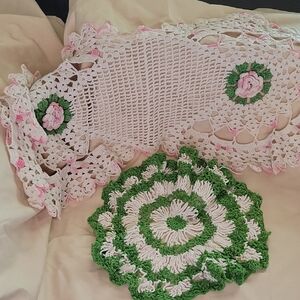 2 Vintage Handcrafted Crochet Doily Set - Pink and Green. Hand Made